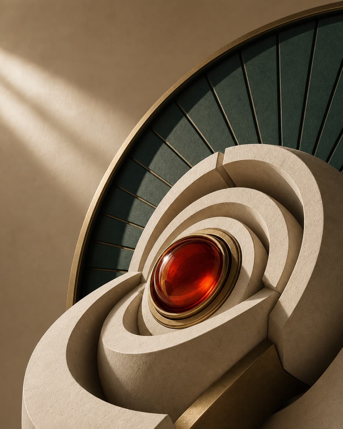 A monumental ivory Art Deco cutaway revealing a red glass decision core