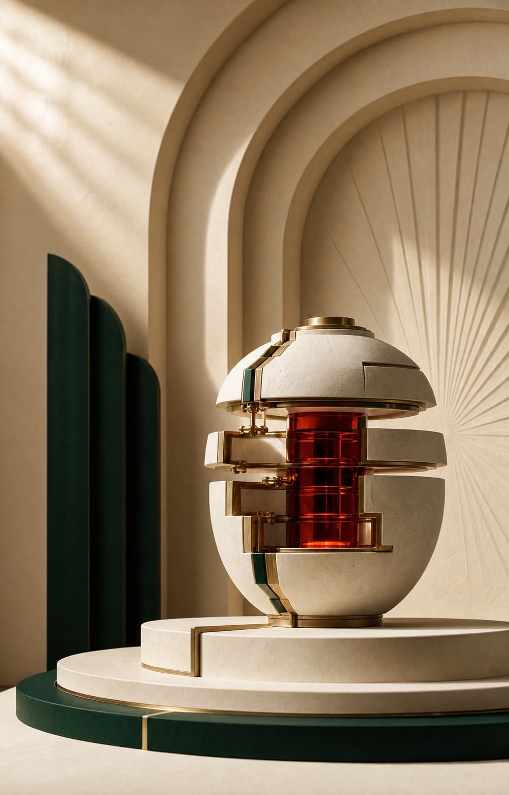 An ivory Art Deco decision engine opening around a translucent red core