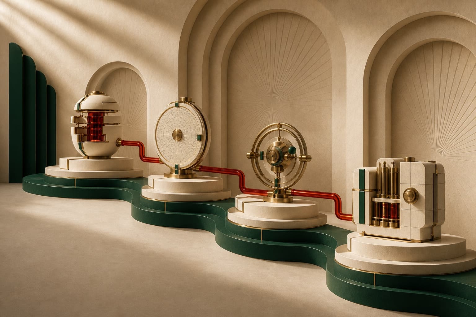 Four abstract product stations connected through one red Art Deco system