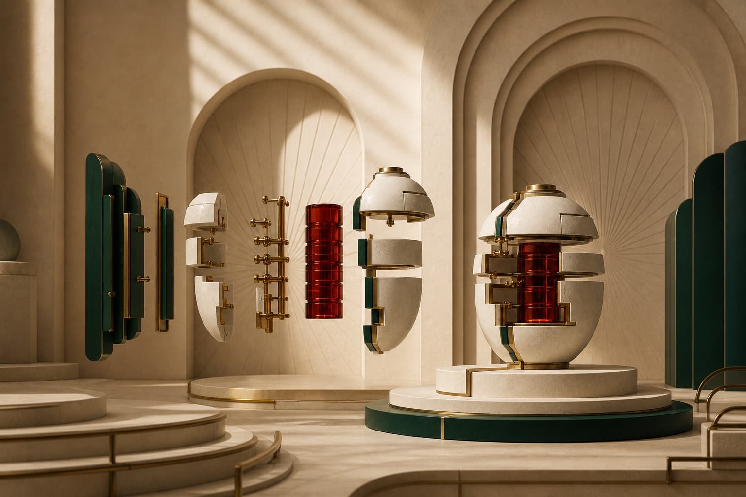 Ivory, green, brass, and red modules assembling into a precise Art Deco product system