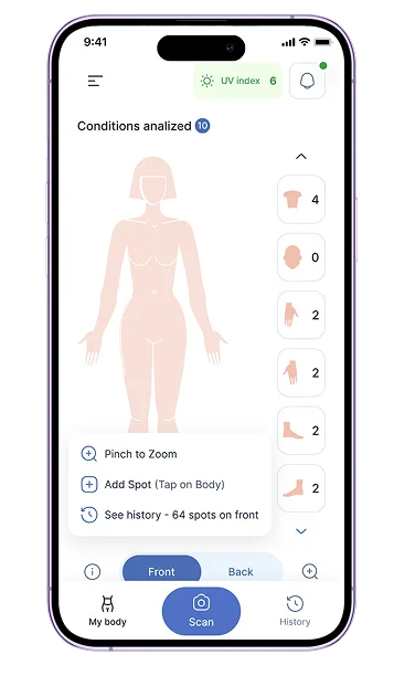 Thermovision mobile interface showing body areas and recorded scans